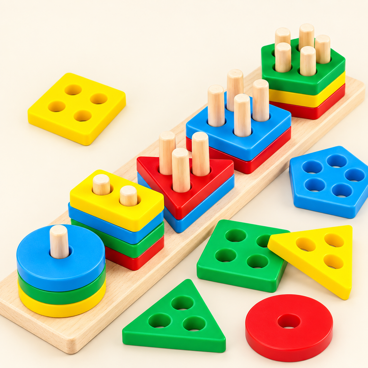Jeu de tri en bois — Formes à empiler sur cinq supports