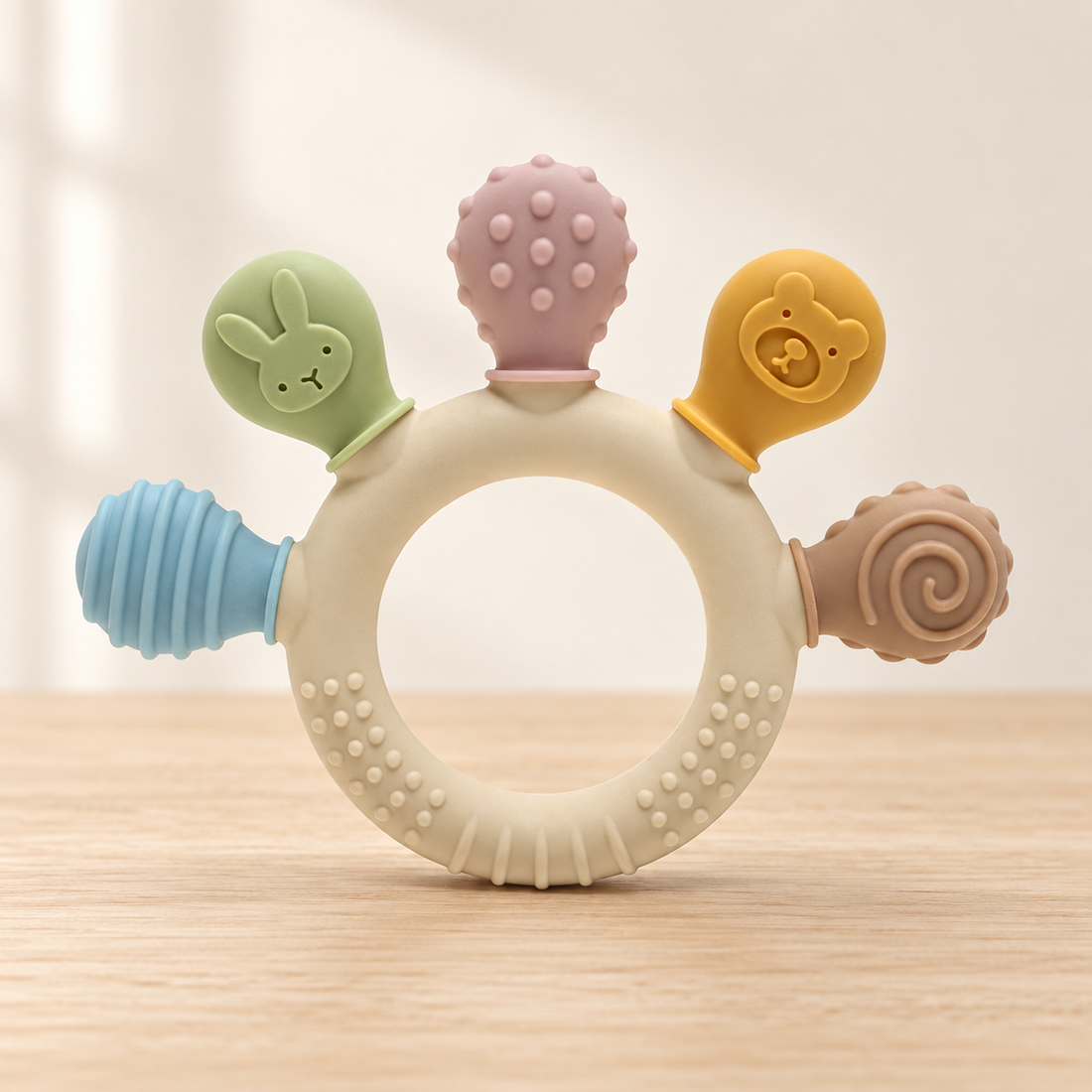 Anneau de dentition à cinq embouts texturés — Coloris pastel