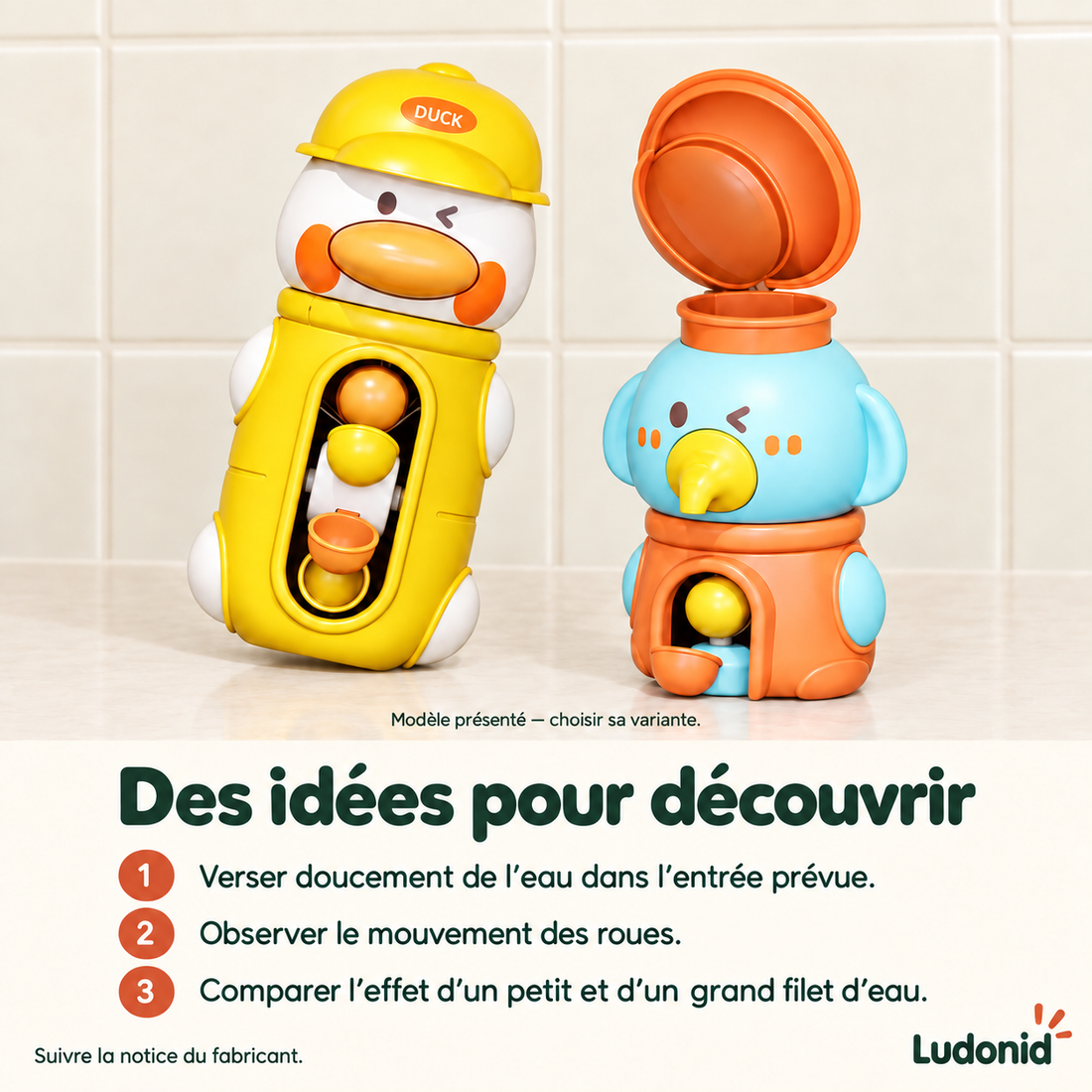 Jouet de bain à roues d’eau — Canard ou Éléphant — idées de jeu et utilisation en français
