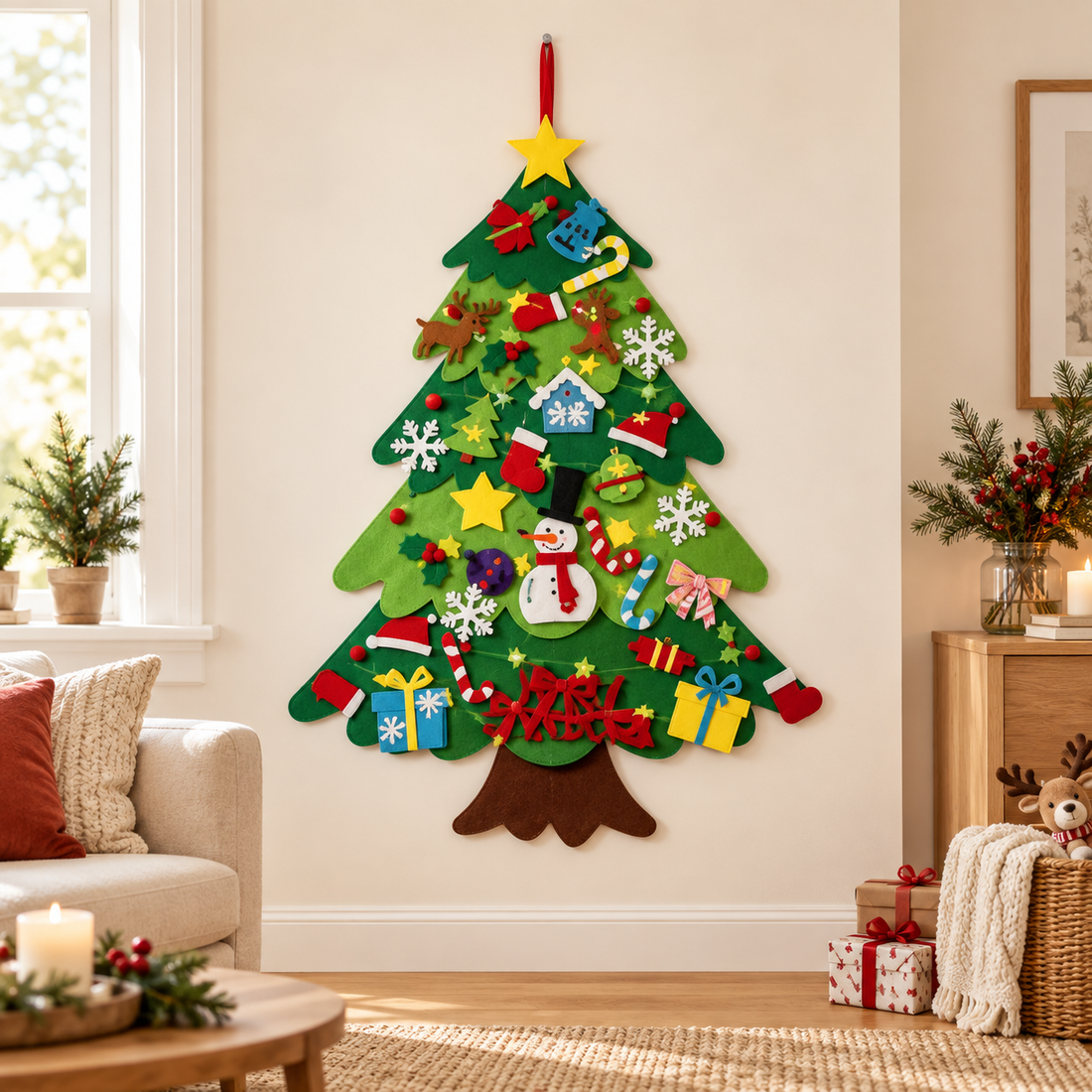 Sapin de Noël mural en feutrine décoré dans un salon chaleureux